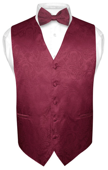 Mens Paisley Design Dress Vest & Bow Tie Burgundy Color BowTie Set