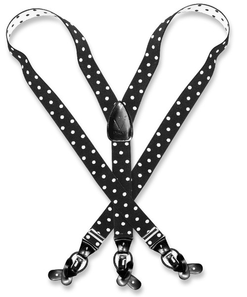 Mens Black with White DOTS Suspenders Y Shape Elastic Buttons & Clips