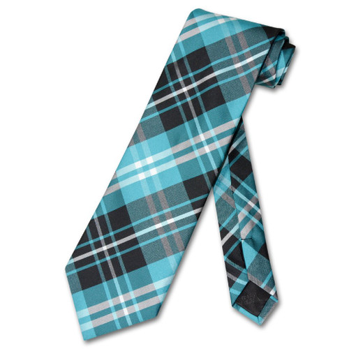 Vesuvio Napoli NeckTie Black Turquoise White Plaid Design Mens Tie