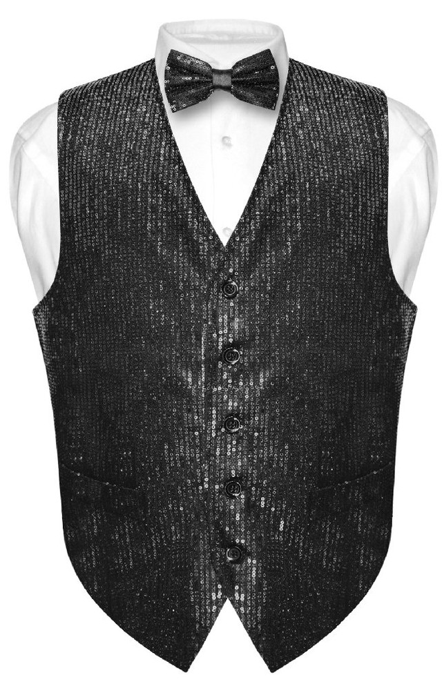 Mens SEQUIN Design Dress Vest & Bow Tie Black Color BowTie Set