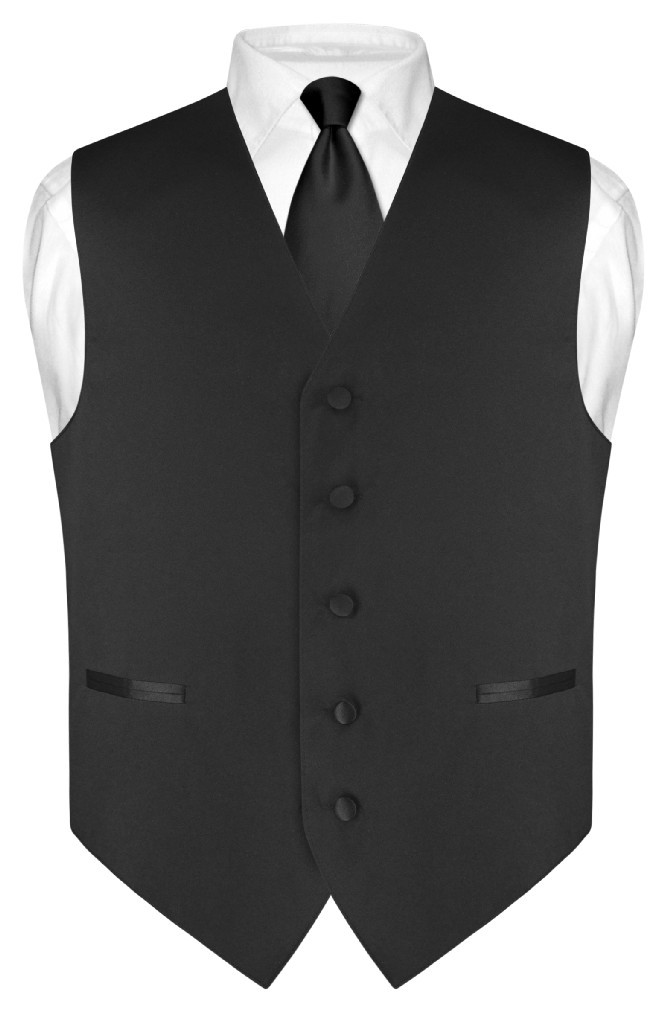 Mens Dress Vest Skinny NeckTie Solid Black 2.5" Neck Tie Set