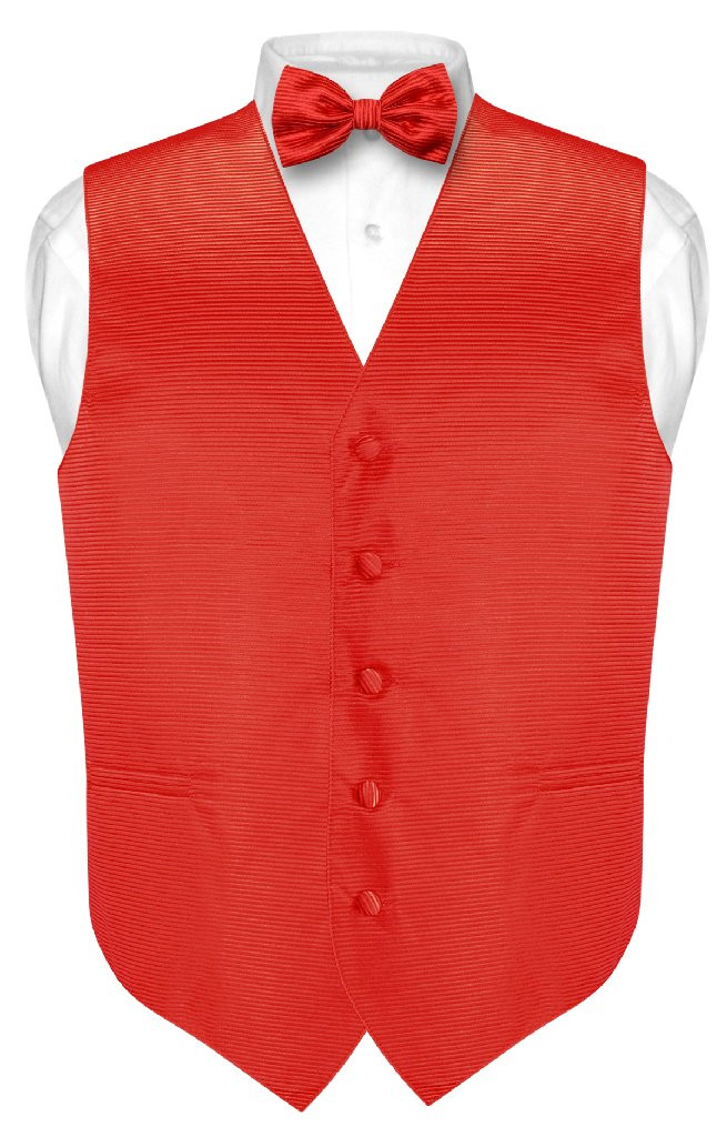 Mens Dress Vest BowTie Red Horizontal Stripe Bow Tie Woven Design Set