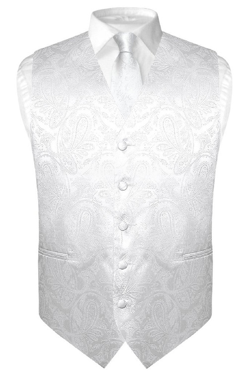 Mens Paisley Design Dress Vest & NeckTie White Color Neck Tie Set
