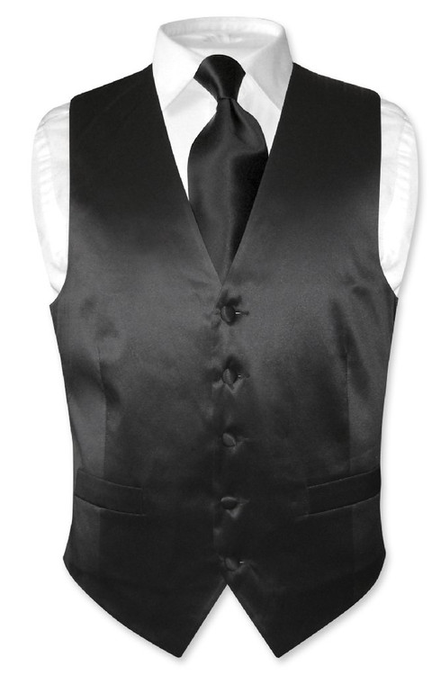 Black Vest | Black NeckTie | Silk Solid Black Color Vest Neck Tie Set