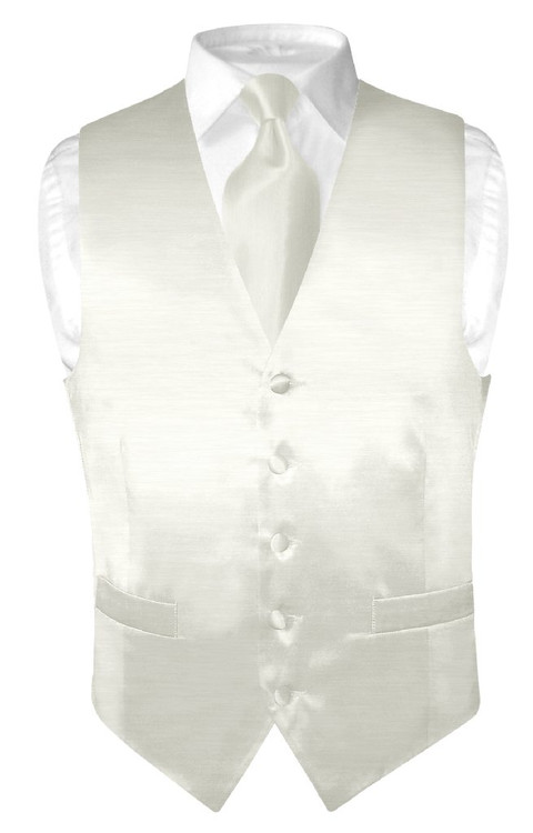 Biagio Mens Off-White Bamboo Silk Dress Vest Neck Tie Set sz XL