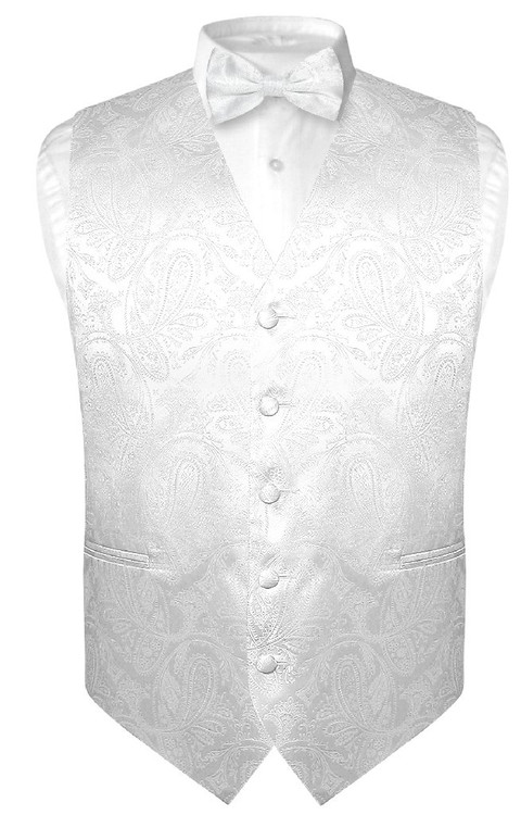 Mens Paisley Design Dress Vest & Bow Tie White Color BowTie Set