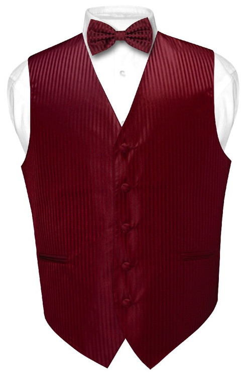 Mens Dress Vest BowTie Burgundy Color Vertical Striped Bow Tie Set