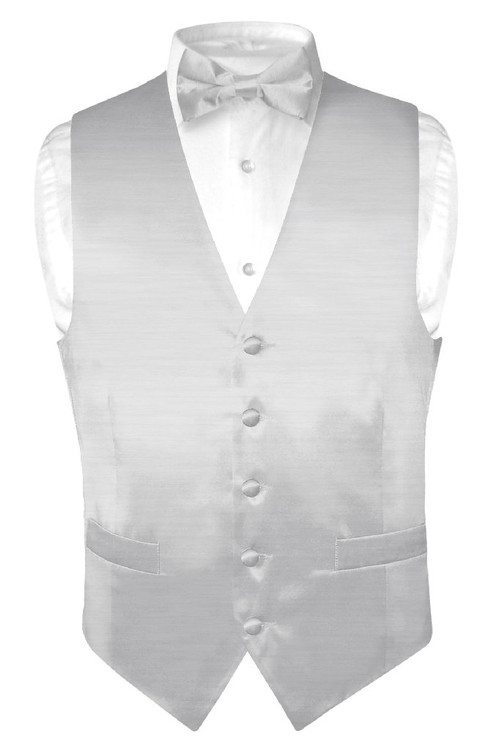 Biagio Mens Solid Silver Gray Bamboo Silk Dress Vest Bow Tie Set