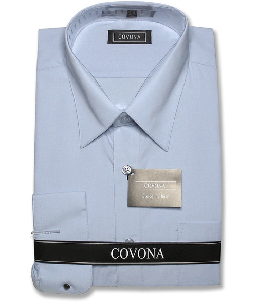 Covona Mens Solid Powder Blue Dress Shirt with Convertible Cuffs