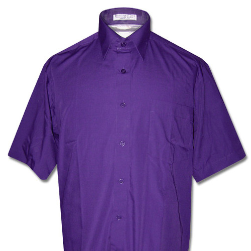 Covona Mens Short Sleeve Solid Purple Indigo Color Dress Shirt