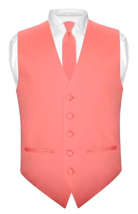 Coral Vest And Tie | Solid Coral Pink Slim Fit Vest And NeckTie Set