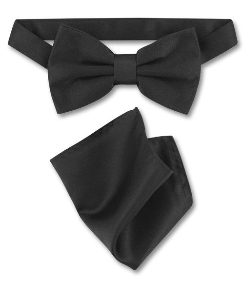 Black Bow Tie And Handkerchief Set | Mens Solid Black Bowtie Set