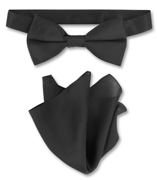 Black Bow Tie And Handkerchief Set | Mens Silk BowTie Hanky Set