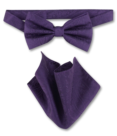 Dark Purple Paisley Bow Tie Handkerchief Set | Mens BowTie Set