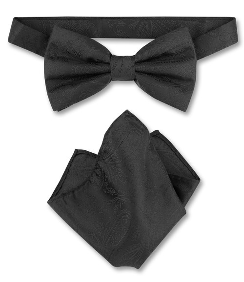 Black Paisley Bow Tie Handkerchief Set | Mens BowTie Hanky Set