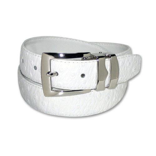 Ostrich Pattern White Bonded Leather Men's Belt Silver-Tone Buckle
