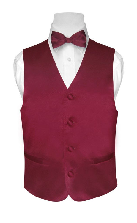 Boys Dress Vest Bow Tie Solid Burgundy Color BowTie Set