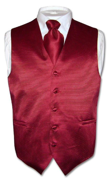 Mens Dress Vest & NeckTie Burgundy Red Neck Tie Horizontal Stripe Set