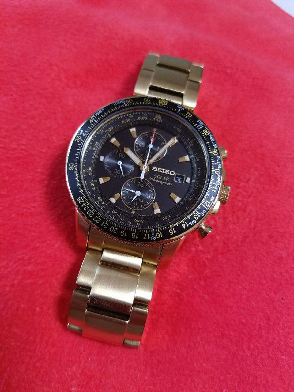 Seiko Chronograph Date Pilot Gold Solar Mens Watch Authentic Working -  Japan Pre-owned Vintage