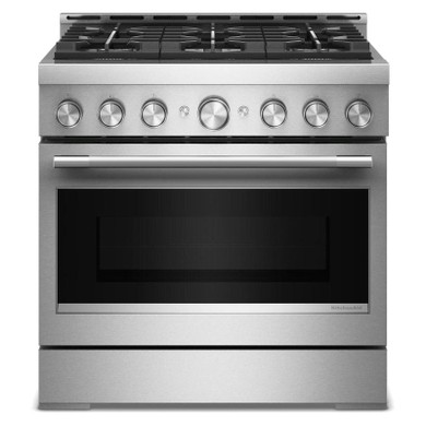 Cuisinière au gaz de style commercial à 6 brûleurs avec mode de friture à air sans préchauffage KitchenAid® de 36 po KFGS936SSS