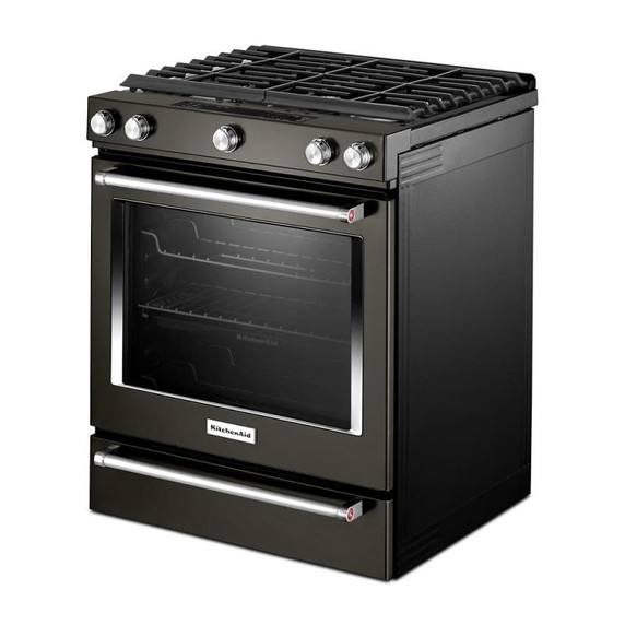Kitchenaid® Cuisinière au gaz à commandes frontales à convection avec 5 brûleurs - 30 po KSGG700EBS Kitchenaid® Cuisinière au gaz à commandes frontales à convection avec 5 brûleurs - 30 po KSGG700EBS
