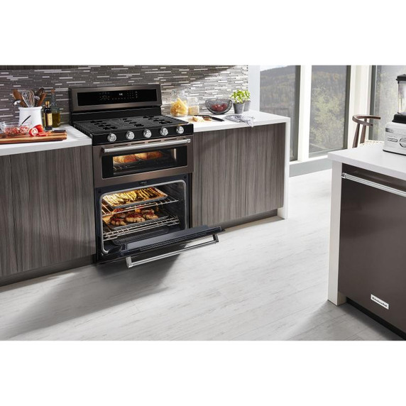 Kitchenaid® Cuisinière au gaz à four double à convection et 5 brûleurs - 30 po KFGD500EBS