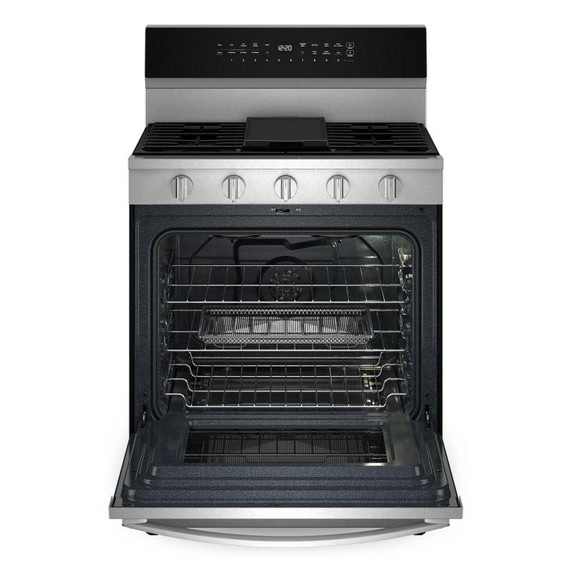 Whirlpool® Cuisinière au gaz intelligente de 30 pouces avec technologie de cuisson à air, auto-nettoyage/netoyage à la vapeur, préchauffage rapide avec capacité de 5.3 pi cu WFGS7530RZ