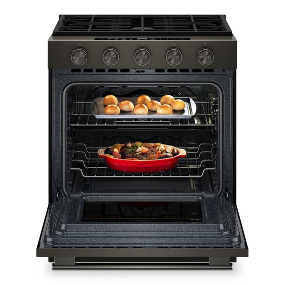 Kitchenaid® Cuisinière au gaz coulissante intelligente avec modes de cuisson à convection et brûleur 2 en 1 - 5 pi cu KSGS530SBE