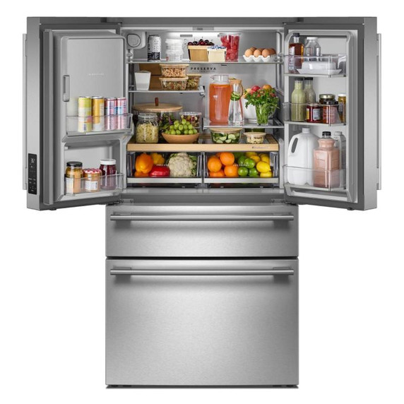 Kitchenaid® Réfrigérateur à portes françaises avec distributeur d’eau et de glaçons extérieur et tiroir réfrigéré pleine largeur FreshChill™ - 29 pi cu KRMF436SPS