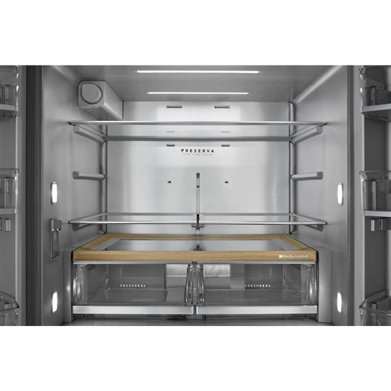 Kitchenaid® Réfrigérateur à portes françaises avec distributeur d’eau et de glaçons extérieur et tiroir réfrigéré pleine largeur FreshChill™ - 29 pi cu KRMF436SBE