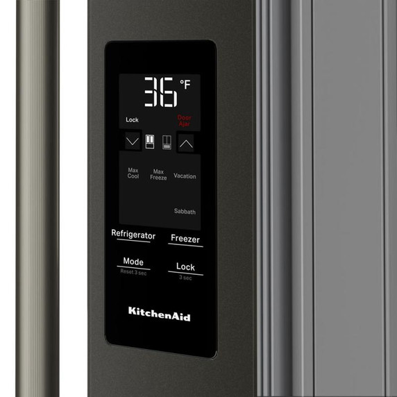 Kitchenaid® Réfrigérateur à portes françaises avec distributeur d’eau et de glaçons extérieur et tiroir réfrigéré pleine largeur FreshChill™ - 29 pi cu KRMF436SBE