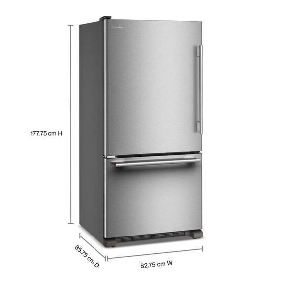 Kitchenaid® Réfrigérateur à congélateur inférieur et profondeur standard avec porte à charnière à gauche de 22 pi cu - 33 po KRBL133SPS