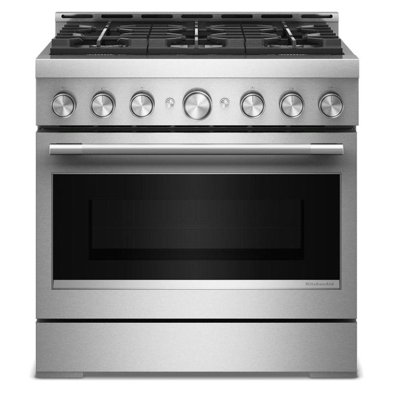 Cuisinière au gaz de style commercial à 6 brûleurs avec mode de friture à air sans préchauffage KitchenAid® de 36 po KFGS936SSS