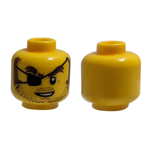 Yellow Minifigure, Head Black Eyepatch, Brown Eyebrows, Sideburns, Stubble, Open White Mouth Pattern - Hollow Stud