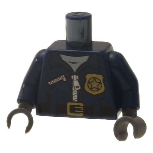 Torso Donkerblauw Politiejasje, Wit Ondershirt, Rits, Gouden Badge, 'POLICE' Patroon, Blauwe Armen, Grijze Handen