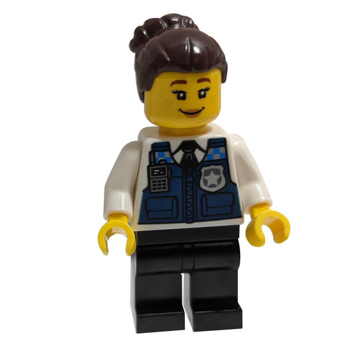 LEGO Police - Officer Gracie Goodhart, Dark Blue Vest, Black Pants, Orange Goggles, and Dark Brown Hair w