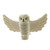 Witte uil, gespreide vleugels met zwarte snavel, gele ogen en lichtblauwgrijs gegolfde borstverenpatroon HP Hedwig