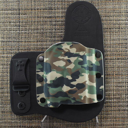 26148 CrossBreed® Freedom Carry for SIG P365 / P365XL with SIG FOXTROT 365XR Weapon Light . Right Hand . Black Cow . Woodland Camo Classic Pocket . Optic Cut