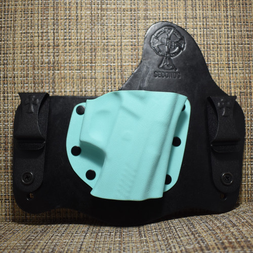 16559 CrossBreed® SuperTuck . SIG P228 / P229 with RAIL and FULL REAR COCKING SERRATIONS . Right Hand . Black Cow . Tiffany Blue Pocket