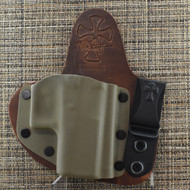 24112 CrossBreed® Mini Appendix for the GLOCK 43 / 43x/ 48 . Right Hand . Founders Leather . Flat Dark Earth Pocket . Optic Cut