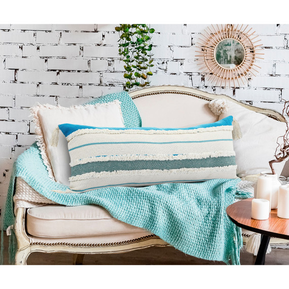 LR Home Multi Weave or White Lumbar Pillow -  Turquoise Quarry Tassel Image 3