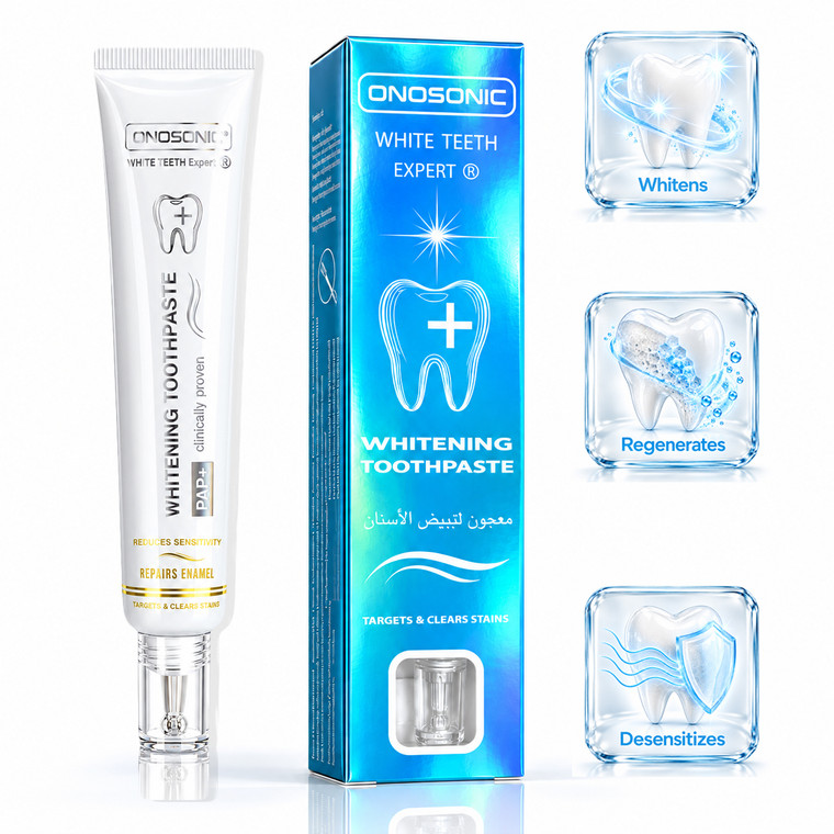 ONOSONIC WHITE TEETH Expert® PAP+ best whitening toothpaste for Dubai teeth whitening, UAE. Biomimetic whitening toothpaste powered by hydroxyapatite for enamel remineralization, surface stain removal, sensitive teeth and brighter smiles. Alternative to Crest 3D White, Colgate Optic White, Opalescence, Hismile V34, Marvis, Spotlight Oral Care and charcoal whitening toothpaste.