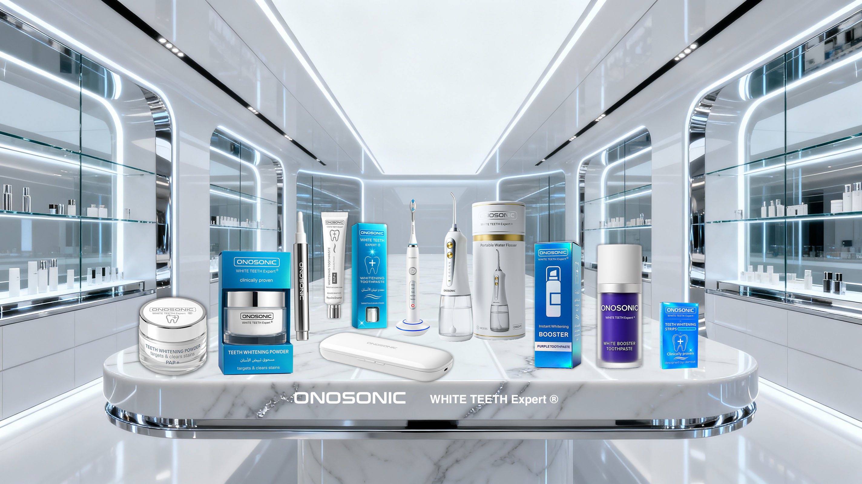 ONOSONIC WHITE TEETH Expert® electric toothbrush, water flosser, whitening strips, gel pen, purple toothpaste, and whitening powder. Premium Dubai oral care brand trusted in UAE, KSA, Qatar, Oman, Bahrain, Kuwait, Egypt, Iraq, Jordan, Lebanon, Poland, and USA for professional teeth whitening and fresh smile.
