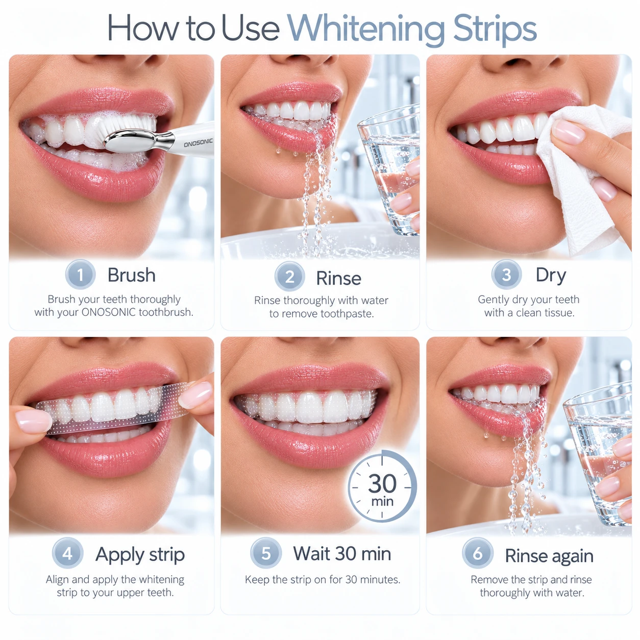 Dubai teeth whitening how to use ONOSONIC whitening strips brush rinse dry apply wait 30 minutes remove and rinse