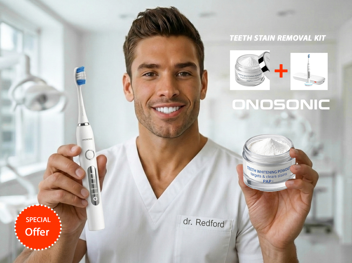 ONOSONIC stain removal kit with sonic twin-engine toothbrush and fluoride-free PAP+ hydroxyapatite whitening powder