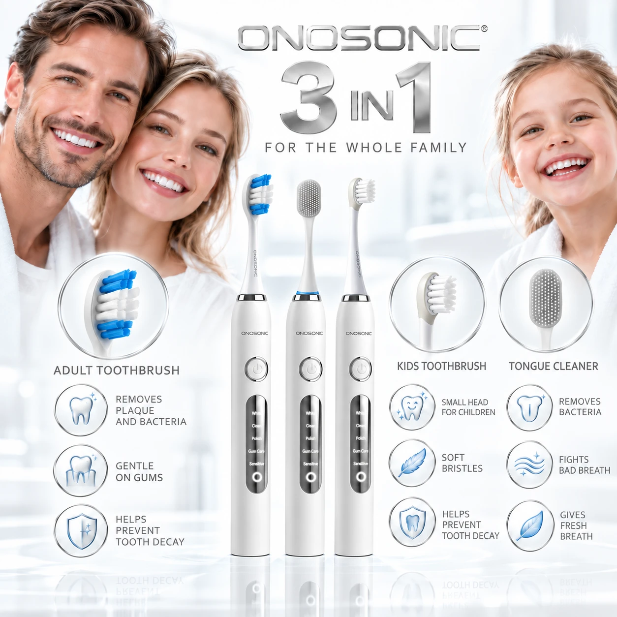 ONOSONIC 3-in-1 family oral care with adult sonic toothbrush, kids electric toothbrush and tongue cleaner for Dubai teeth whitening