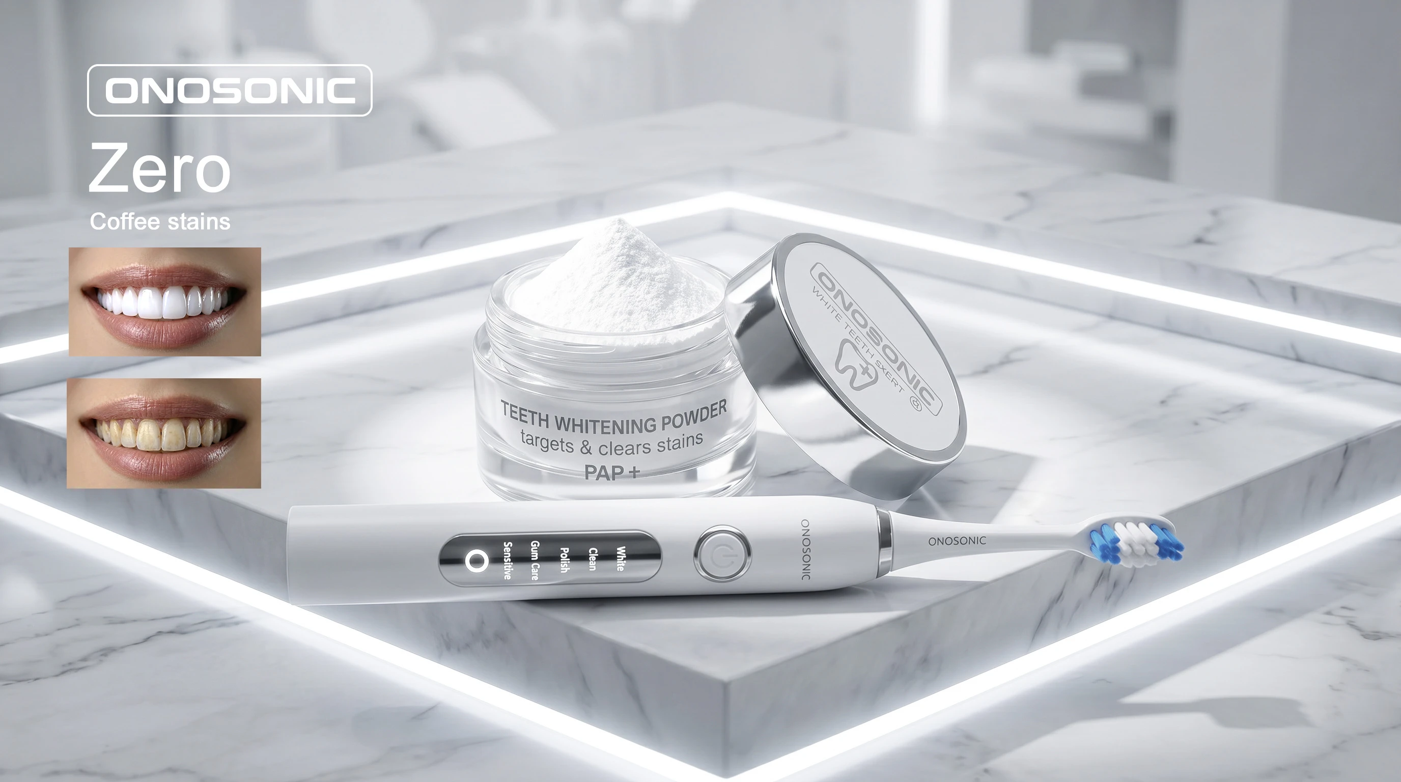 ONOSONIC WHITE TEETH Expert&reg; PAP+ Teeth Whitening Powder for Dubai teeth whitening, designed to dissolve coffee, tea, wine and tobacco stains while supporting enamel-safe whitening for a brighter white smile.