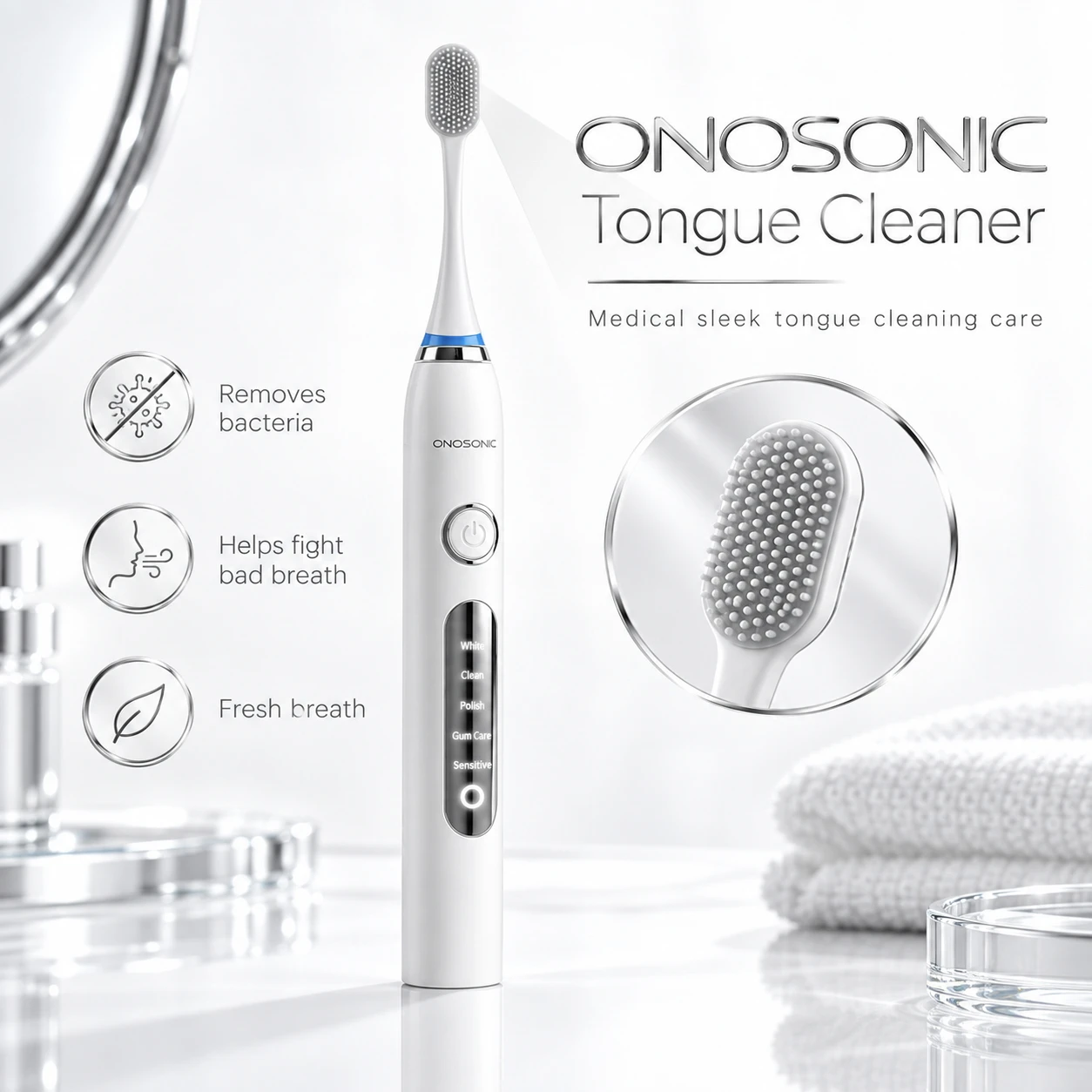ONOSONIC sonic tongue cleaner for removing bacteria and supporting fresh breath with Dubai teeth whitening oral care