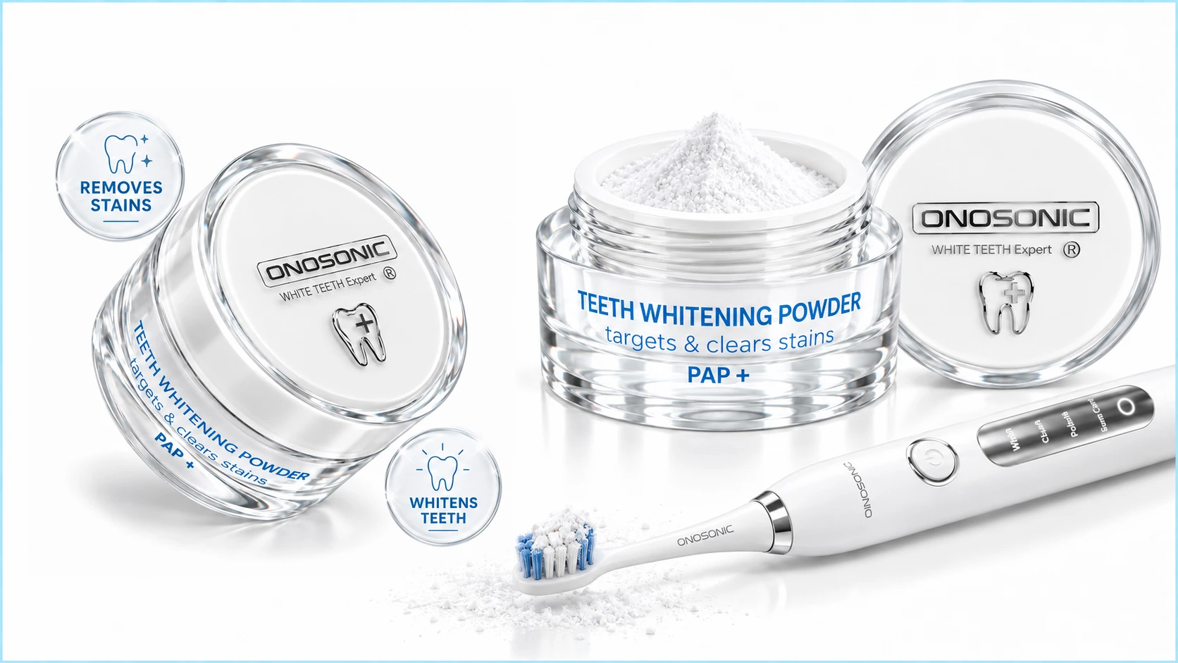 ONOSONIC teeth whitening powder for coffee, tea and tobacco stains, smokers, teeth stains removal and daily teeth whitening in Dubai مسحوق ONOSONIC الفاخر لتبييض الأسنان في دبي للمدخنين، وإزالة البقع وتصـبغات الأسنان، وتبييض الأسنان الآمن على المينا والعناية اليومية بالفم