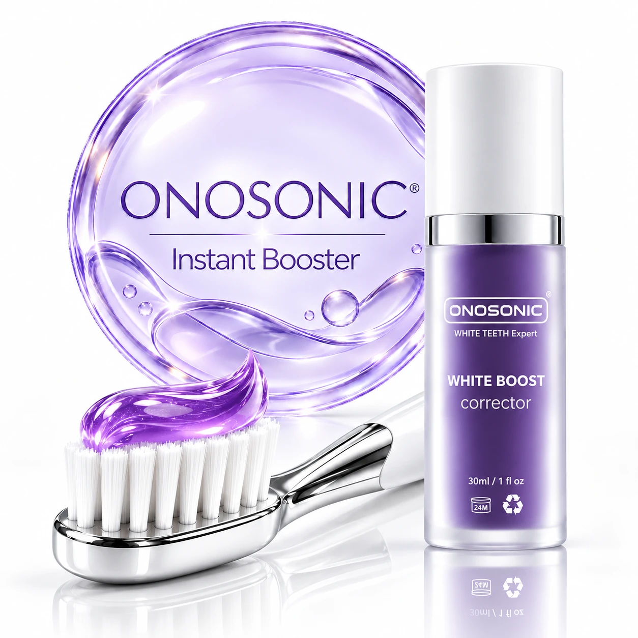 ONOSONIC fluoride-free purple toothpaste whitening booster for Dubai teeth whitening, colour correcting oral care for yellow tones, تبييض الأسنان في دبي